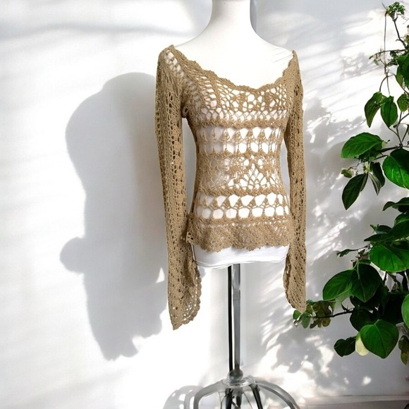 Vintage Sweaters - Vintage Boho Crochet Mesh Bell Sleeve Tan Open Knit Festival Blouse y2k fairy S